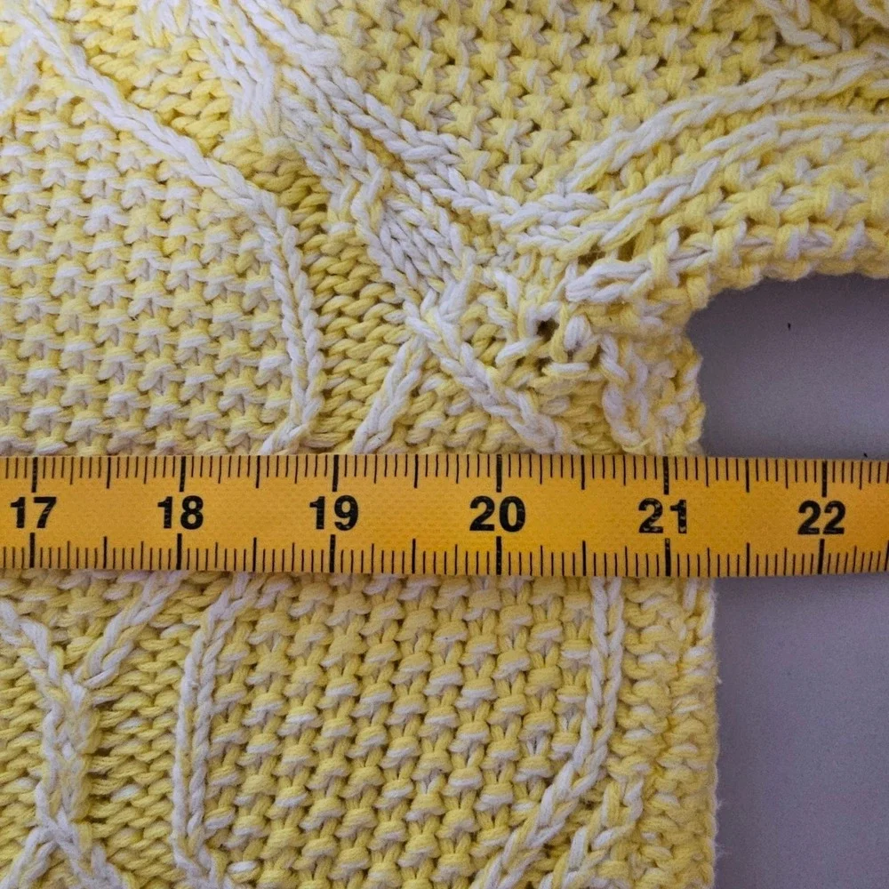 Lands End Sweater Women L Yellow White Honeycomb Chunky Cable Knit Cotton Preppy